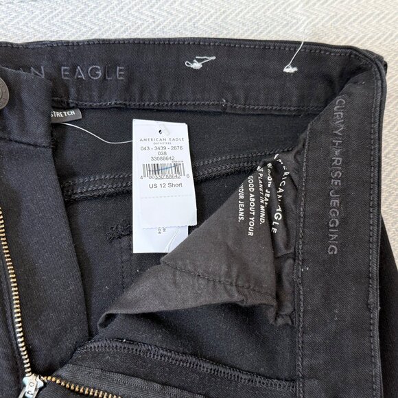 American Eagle Curvy Hi Rise Jeans Women 12 Short Black Distress Stretch Jegging - Picture 13 of 16